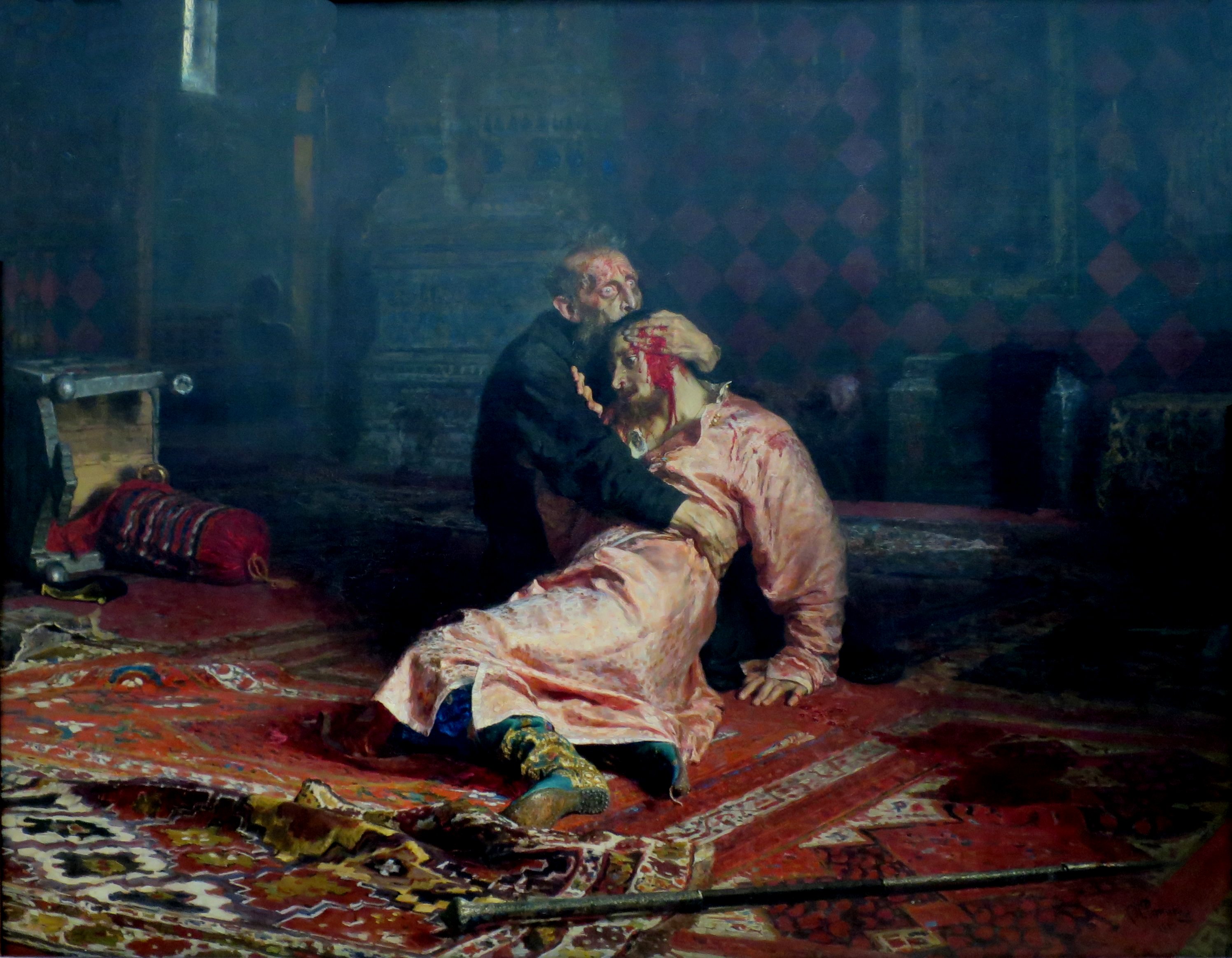 Obraz "Car Iwan Groźny i jego syn Iwan 16 listopada 1581 roku". Autor: Ilja Repin